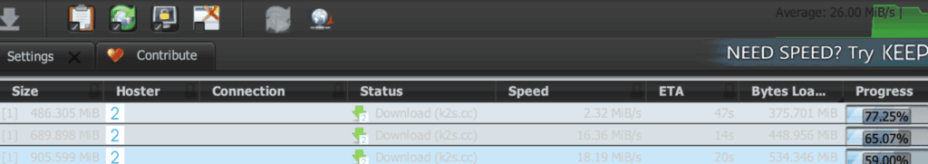 Keep2Share Premium speed test in JDownloader 2